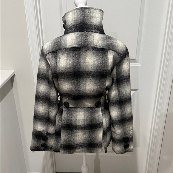 Last Kiss Women's Plaid Pea Coat - Black and Gray - Picture 4 of 11